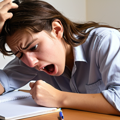 Home 4 **
A stressed student taking the TOEFL Speaking test, with a timer in the background showing the limited time. The student is frantically taking notes but looks overwhelmed. Focus on conveying the pressure and anxiety of the situation.
**