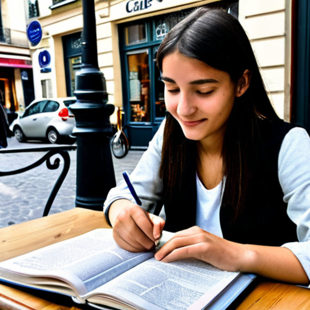 **

A student, fully clothed in casual and stylish Parisian attire, studying at a caf&eacute; in the Latin Quarter of Paris. The caf&eacute; is bustling with activity, with people chatting and enjoying coffee. The student is focused on a TOEIC preparation book, surrounded by notes and a French dictionary.  Safe for work, appropriate content, professional study environment, perfect anatomy, natural proportions, well-formed hands, proper finger count, family-friendly.

**