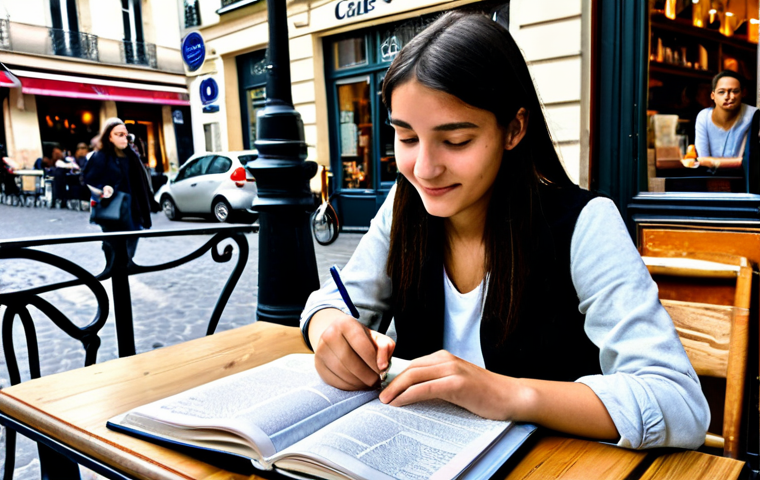 **

A student, fully clothed in casual and stylish Parisian attire, studying at a caf&eacute; in the Latin Quarter of Paris. The caf&eacute; is bustling with activity, with people chatting and enjoying coffee. The student is focused on a TOEIC preparation book, surrounded by notes and a French dictionary.  Safe for work, appropriate content, professional study environment, perfect anatomy, natural proportions, well-formed hands, proper finger count, family-friendly.

**