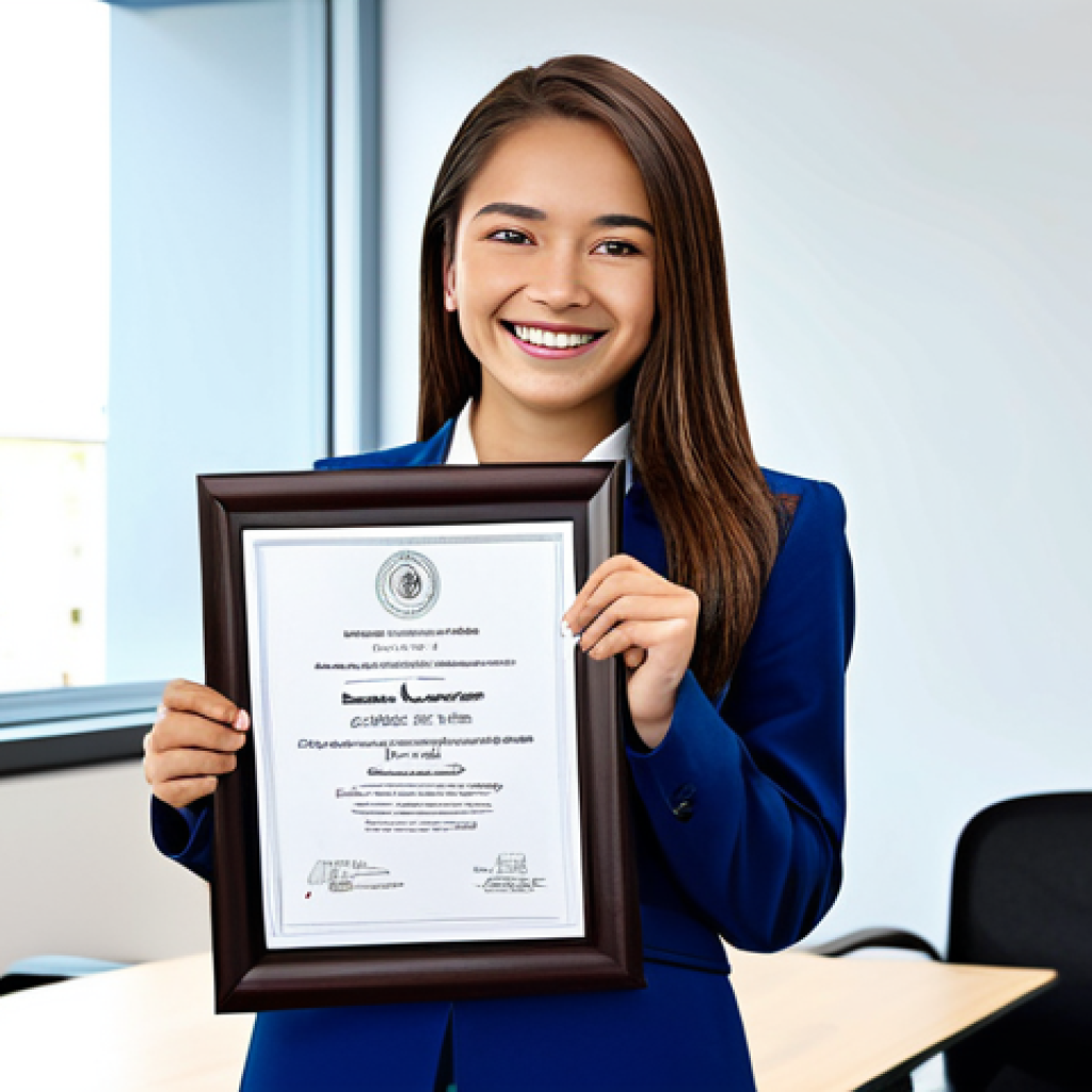 Professional Success**

"A young professional woman in a modern, bright office, smiling confidently, fully clothed in a stylish business suit, appropriate attire, holding a diploma or certificate, safe for work, perfect anatomy, natural proportions, showcasing a sense of accomplishment, professional headshot, high quality, modest."

**