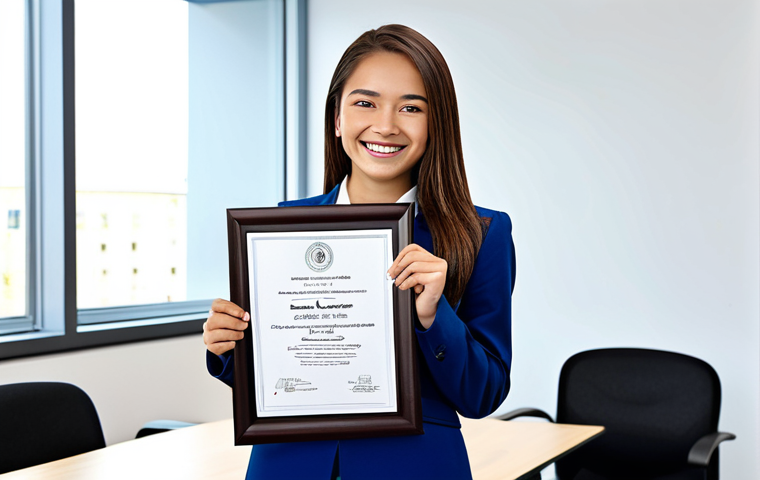 Professional Success**

"A young professional woman in a modern, bright office, smiling confidently, fully clothed in a stylish business suit, appropriate attire, holding a diploma or certificate, safe for work, perfect anatomy, natural proportions, showcasing a sense of accomplishment, professional headshot, high quality, modest."

**