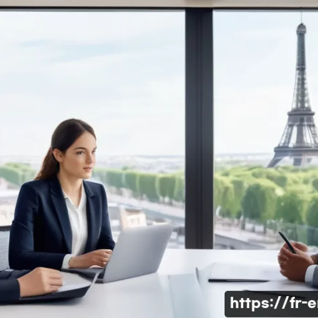 TOEIC 성적과 직장 내 성장 가능성 - A modern French corporate office setting with diverse professionals engaged in a meeting room. A con...