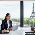 TOEIC 성적과 직장 내 성장 가능성 - A modern French corporate office setting with diverse professionals engaged in a meeting room. A con...
