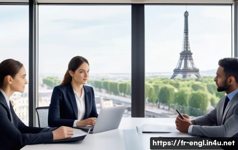 TOEIC 성적과 직장 내 성장 가능성 - A modern French corporate office setting with diverse professionals engaged in a meeting room. A con...