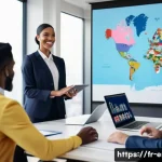 영어 시험 고득점 업무 활용 사례 - A modern international business meeting held virtually, showing diverse professionals from the US, U...