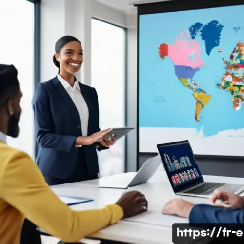 영어 시험 고득점 업무 활용 사례 - A modern international business meeting held virtually, showing diverse professionals from the US, U...