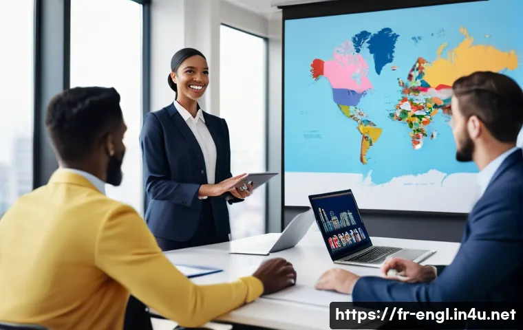 영어 시험 고득점 업무 활용 사례 - A modern international business meeting held virtually, showing diverse professionals from the US, U...