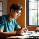 TOEFL 공부 계획 세우기 - A focused young adult student sitting at a modern desk in a cozy, well-lit home office, surrounded b...