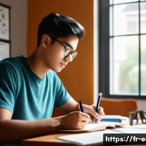 TOEFL 공부 계획 세우기 - A focused young adult student sitting at a modern desk in a cozy, well-lit home office, surrounded b...