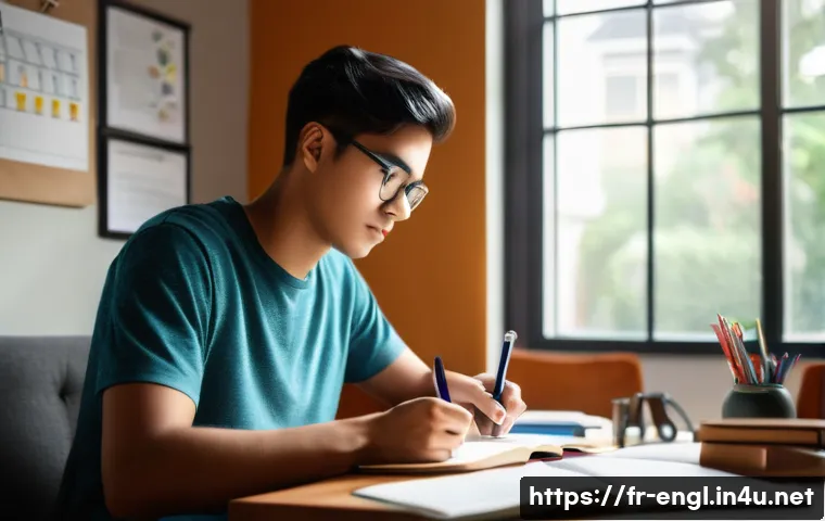 TOEFL 공부 계획 세우기 - A focused young adult student sitting at a modern desk in a cozy, well-lit home office, surrounded b...
