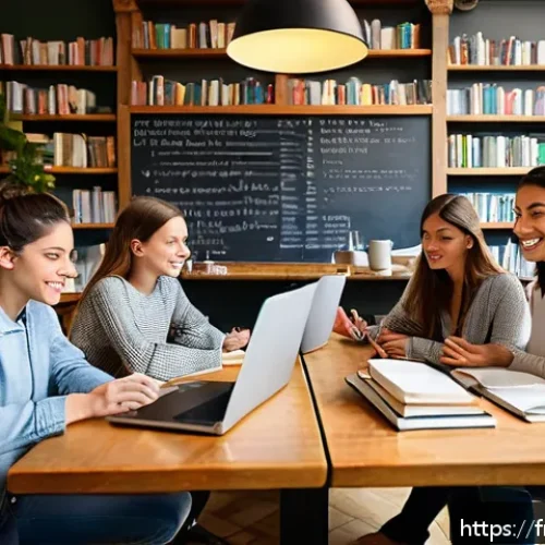 TOEIC 스터디 모임 성공 비결 - A diverse group of young French adults studying together in a cozy Parisian caf&eacute;, each person focuse...