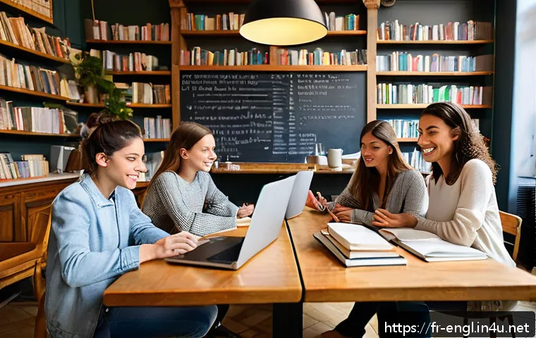 TOEIC 스터디 모임 성공 비결 - A diverse group of young French adults studying together in a cozy Parisian café, each person focuse...