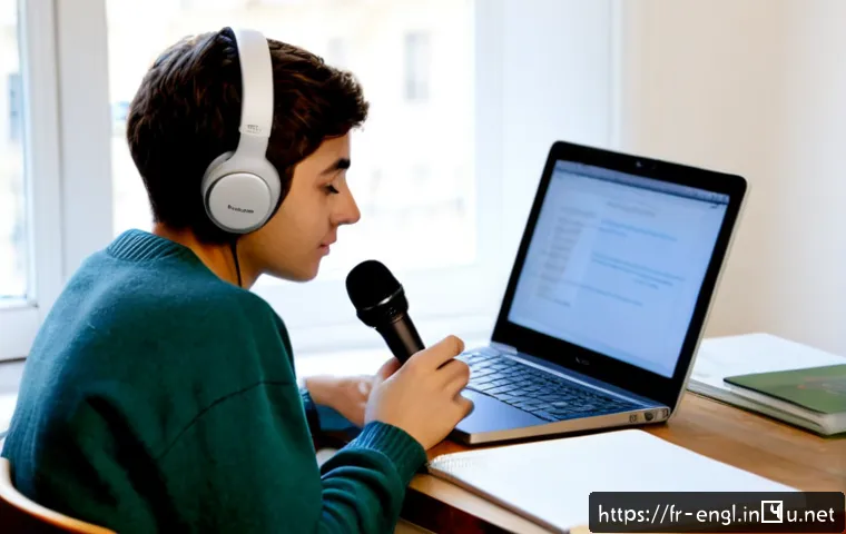 TOEFL Speaking 연습 사례 - Photorealistic French university student practicing an English speaking exam at a tidy home desk in ...